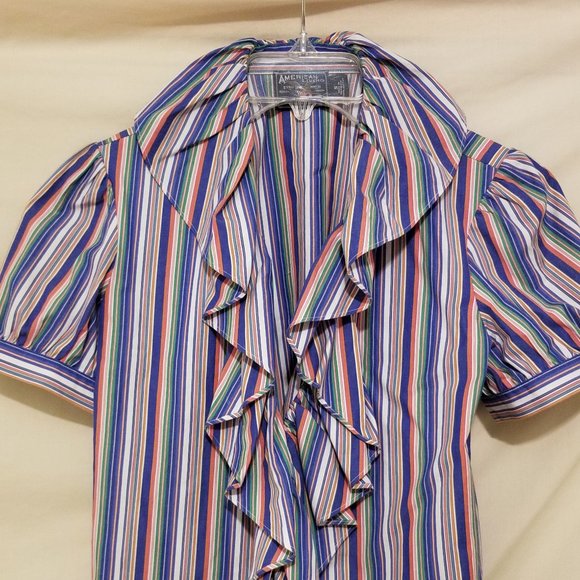 American Living Bright Striped Ruffle Front Button up Blouse 100% Cotton Size S - Picture 4 of 5